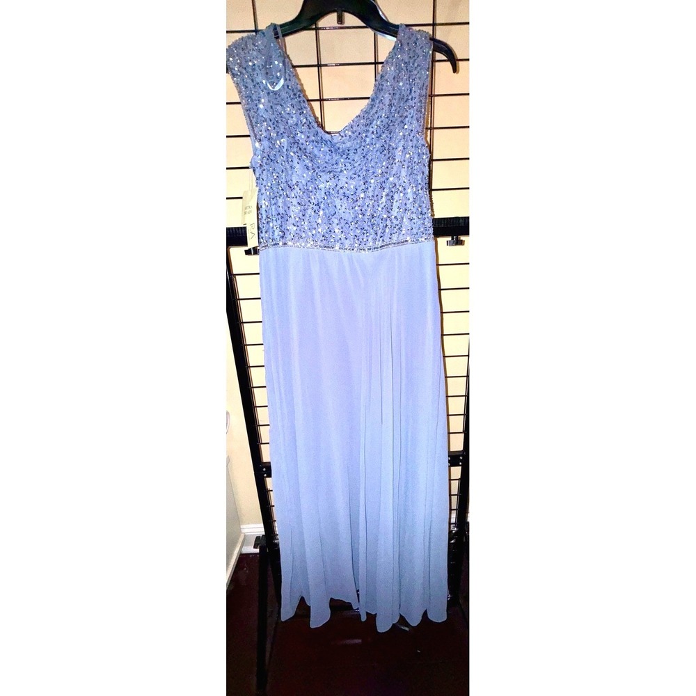 J Kara Beaded Empire Waist Gown Women 6 NEW Dusty Blue Cowl Neck